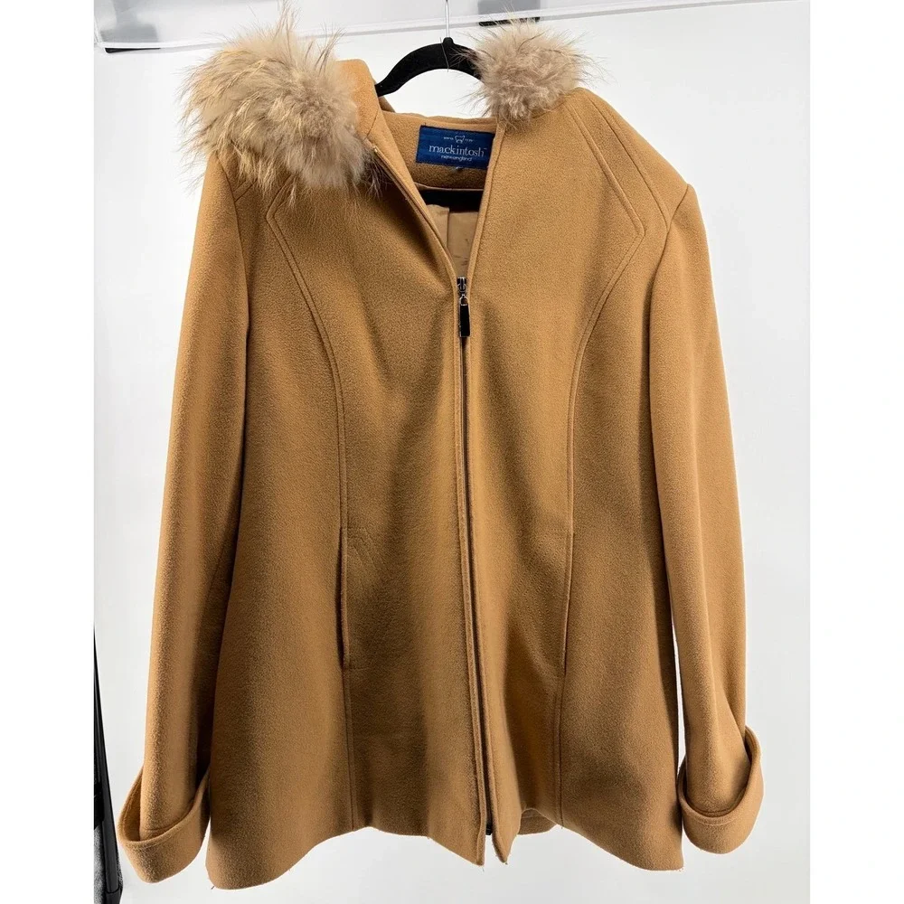 VTG Mackintosh Camel Wool Coat Hooded 100% Raccoon‎ Fur Full Zip Warm Coat 16